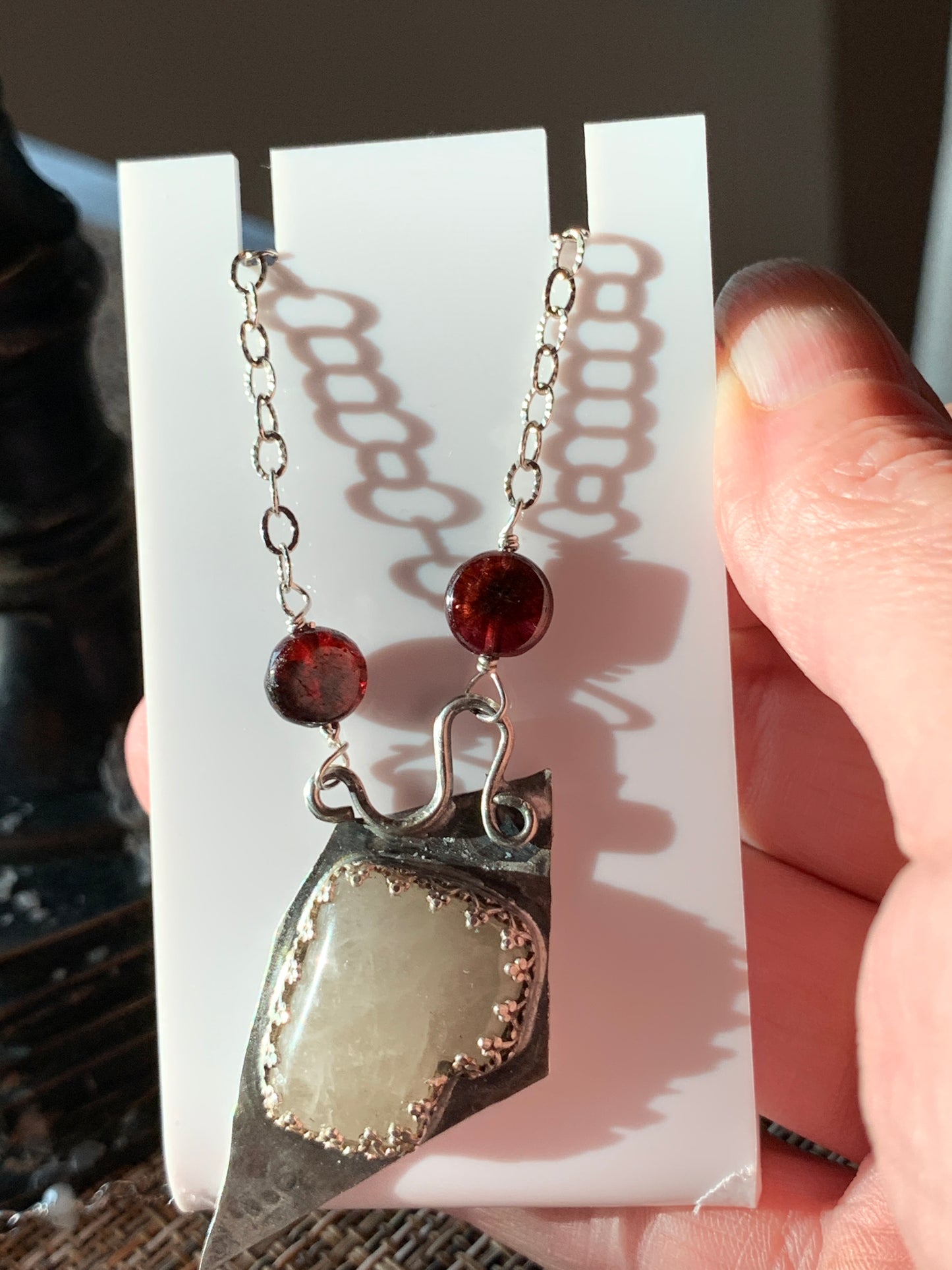 Large Sterling Silver Necklace with Quartz Crystal Stone Garnet and Moonstone Witchy Vibes Goth Handmade