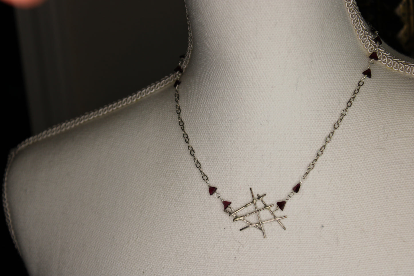 Gothic Geometric Sterling Silver Necklace with Garnet Triangle Stone Beads