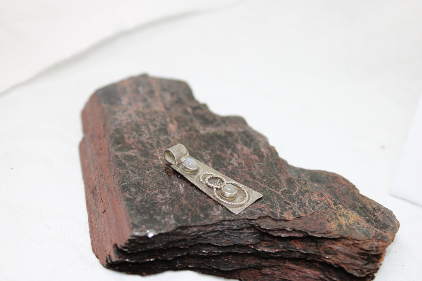 Oxidized Hammered Stamped Sterling Silver Pendant with Rainbow Moonstone