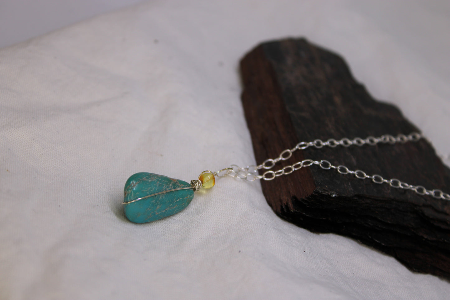 Sonoran Turquoise and Amber Pendant with Sterling Silver Wire Wrap: Minimalist Design