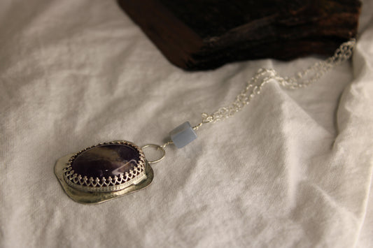 Large Sterling Silver Amethyst Pendant with Angelite Accent Bead